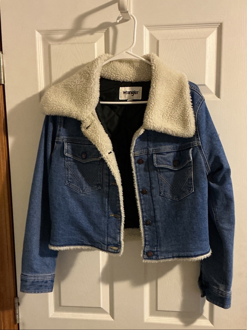 Wrangler Blue Denim Jacket with Cream Sherpa Trim